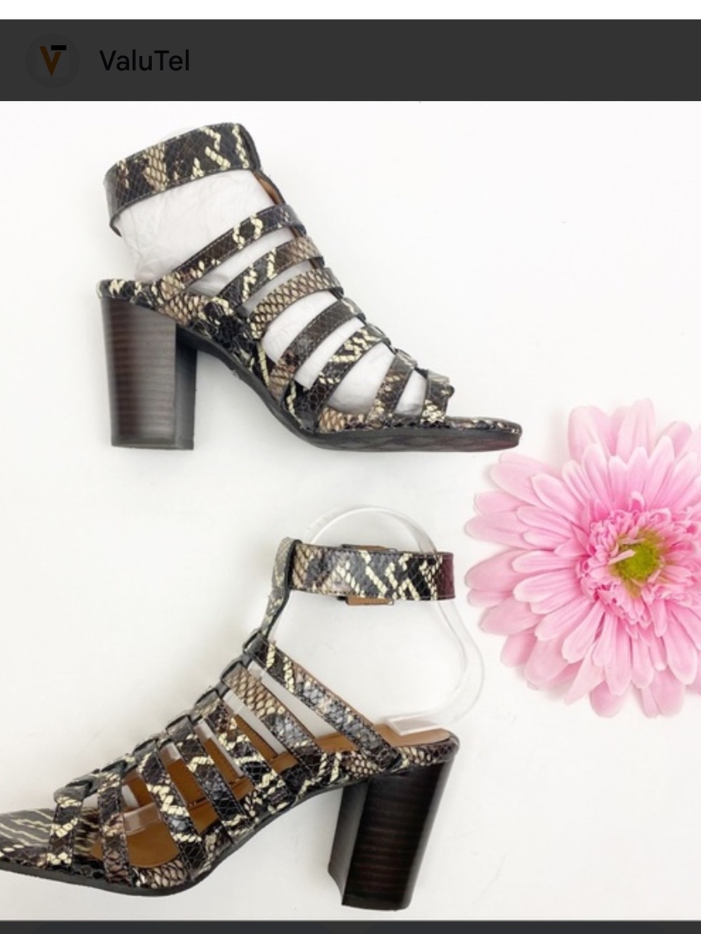 Vionic Black and Cream Snake-Print Strappy Gladiator Heels Size 7.5